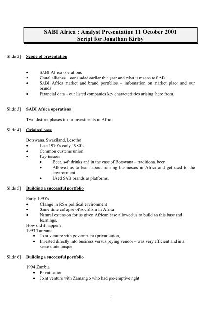 SABI Africa : Analyst Presentation 11 October 2001 Script - SABMiller