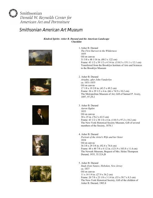Exhibition Checklist Smithsonian American Art Museum