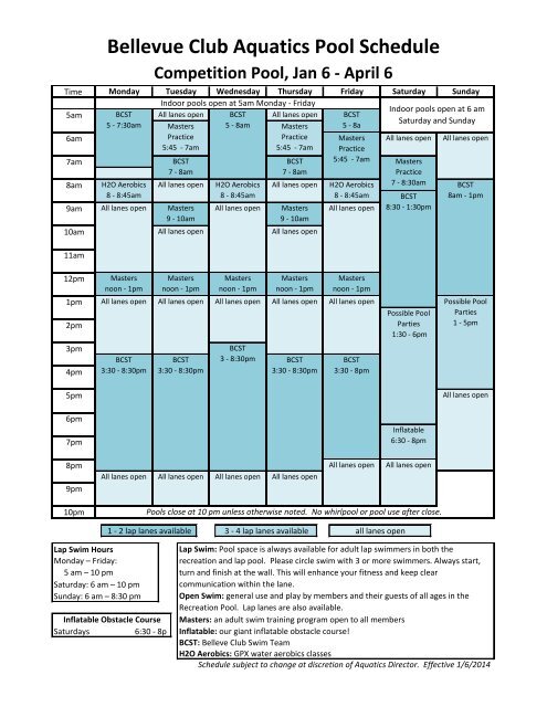 Indoor Pool Schedule - Bellevue Club