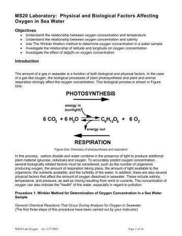 MS20 Laboratory: Physical and Biological Factors Affecting Oxygen ...