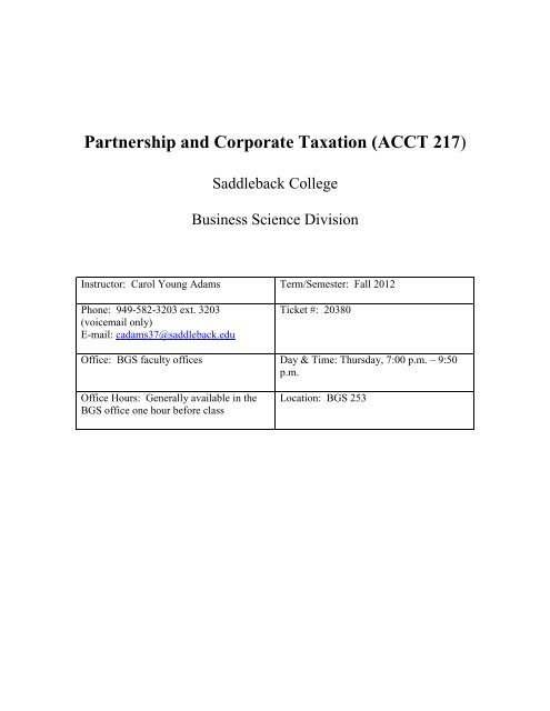 Partnership and Corporate Taxation (Acct 217) - Saddleback College