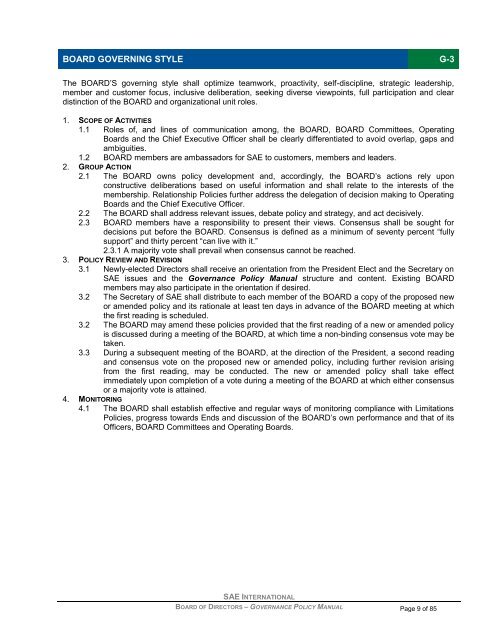 board of directors governance policy manual - SAE International