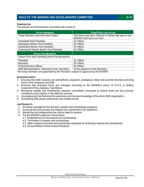 board of directors governance policy manual - SAE International