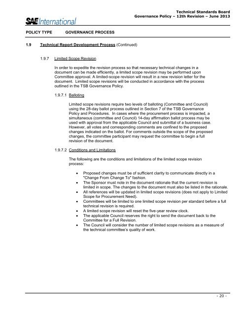 TECHNICAL STANDARDS BOARD GOVERNANCE POLICY - SAE