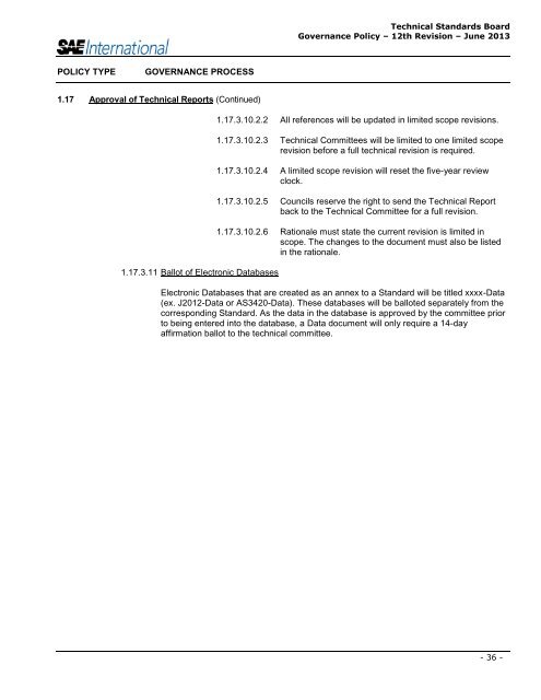 TECHNICAL STANDARDS BOARD GOVERNANCE POLICY - SAE