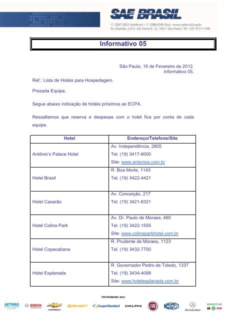 Informativo 05 - Lista de HotÃ©is para Hospedagem.pdf - SAE Brasil