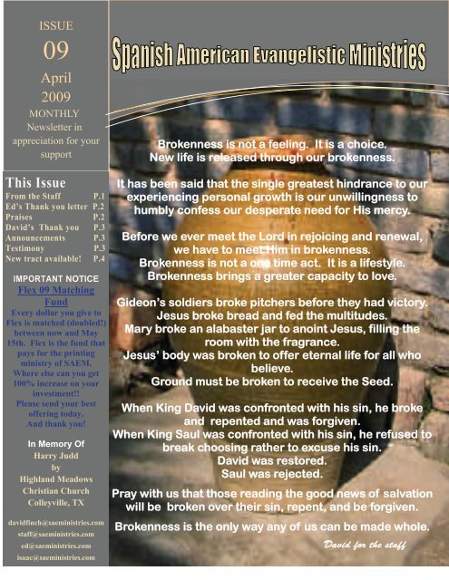 April 2009 This Issue - SAE Ministries