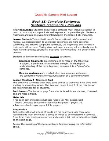 Grade 6: Sample Mini-Lesson Week 15: Complete Sentences ...