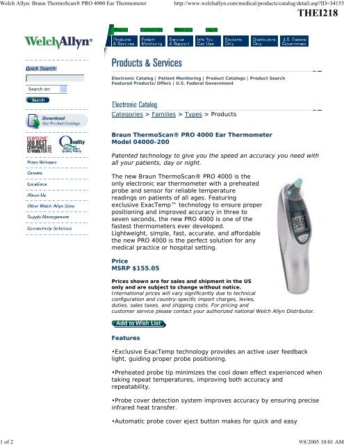 Welch Allyn: Braun Thermoscan® PRO 4000 Ear Thermometer