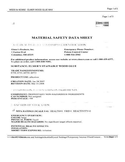 MSDS for #23892 - ELMER WOOD GLUE MAX - Dick Blick