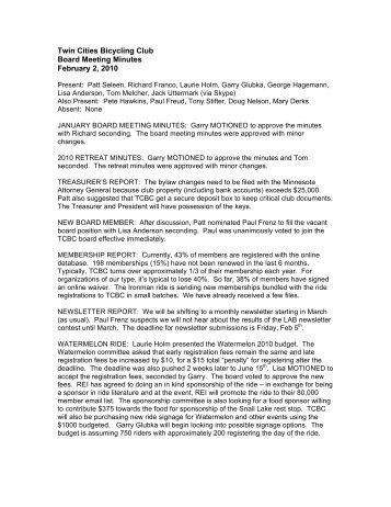 Twin Cities Bicycling Club Board Meeting Minutes February 2, 2010