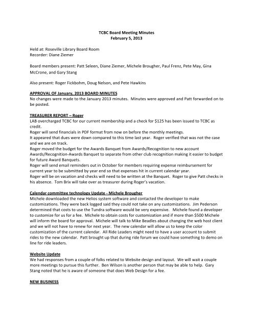 TCBC Board Meeting Minutes February 5, 2013 Held at: Roseville ...