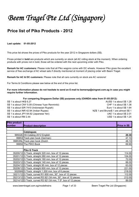 Price list of Piko Products - Beemtragel.com