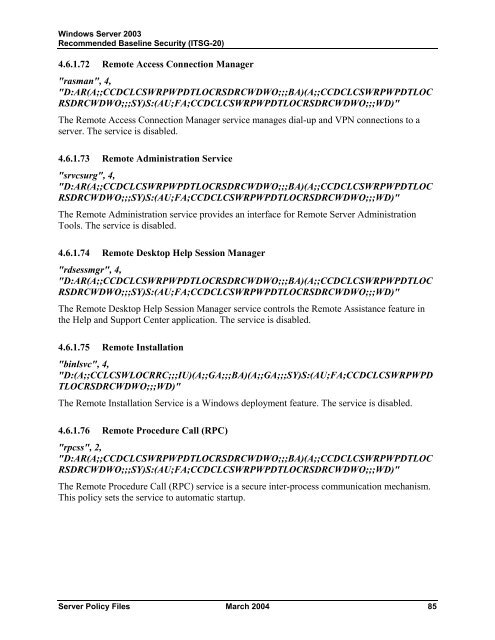 Windows Server 2003 Recommended Baseline Security