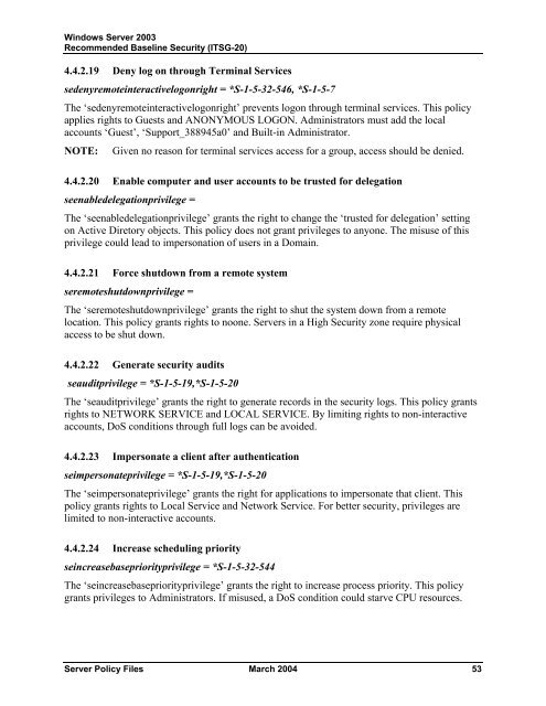 Windows Server 2003 Recommended Baseline Security
