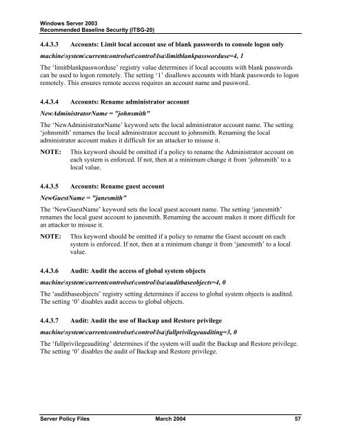 Windows Server 2003 Recommended Baseline Security