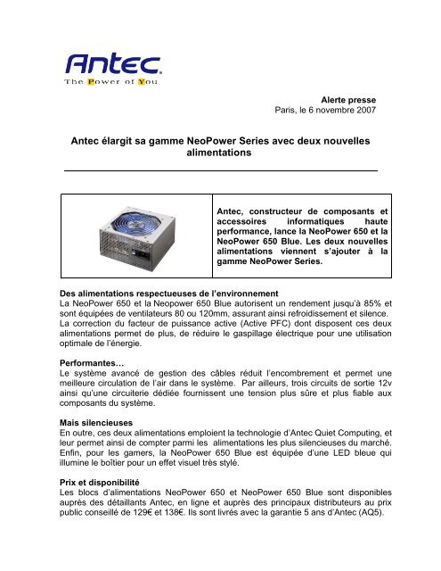 Antec Ã©largit sa gamme NeoPower Series avec deux nouvelles ...