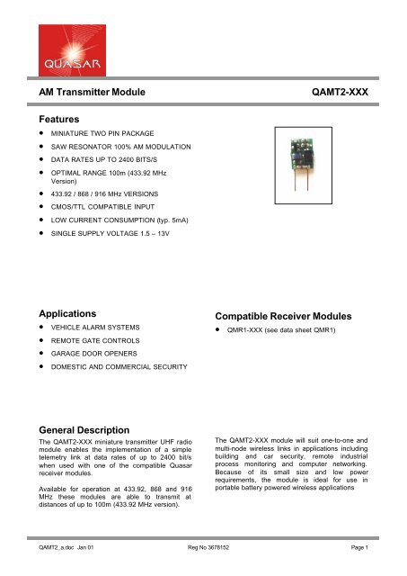 AM Transmitter Module QAMT2-XXX Features Applications ... - Farnell