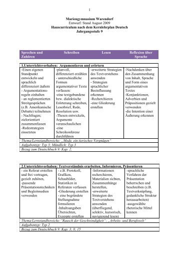 Hauscurriculum Deutsch für den Jahrgang 9 - Mariengymnasium