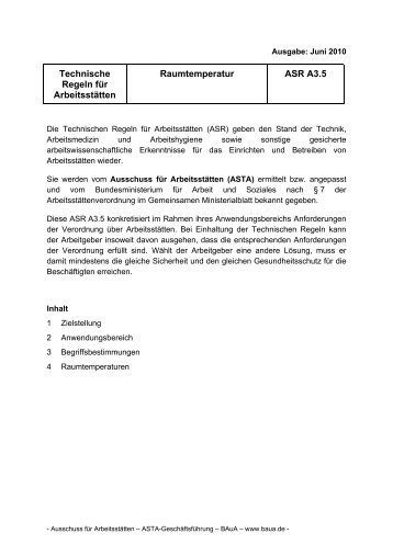 Technische Regel fÃ¼r ArbeitsstÃ¤tten ASR A3.5 - Raumtemperatur