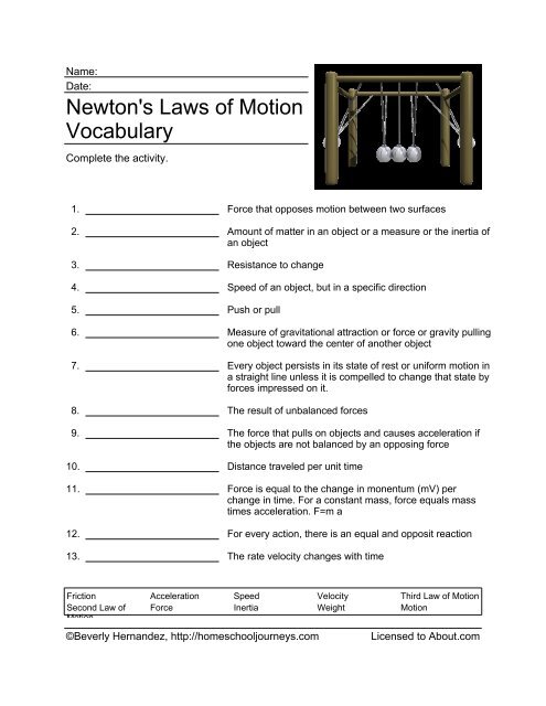 Newton S Laws Of Motion Vocabulary Worksheet Answers
