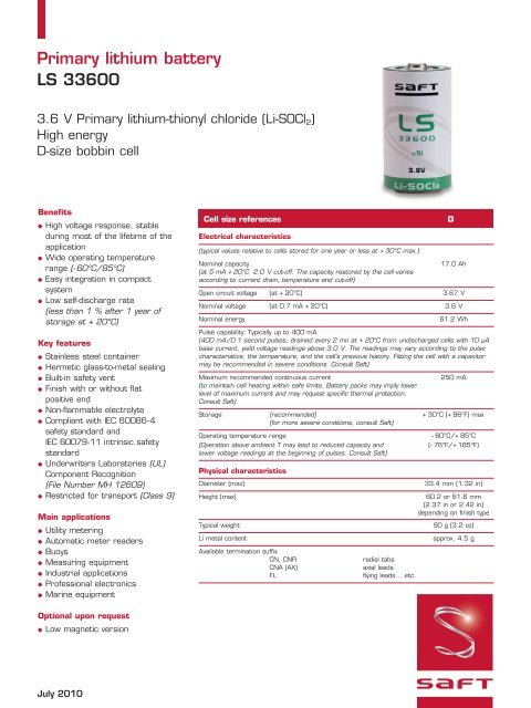 Primary lithium battery LS 33600 - Saft