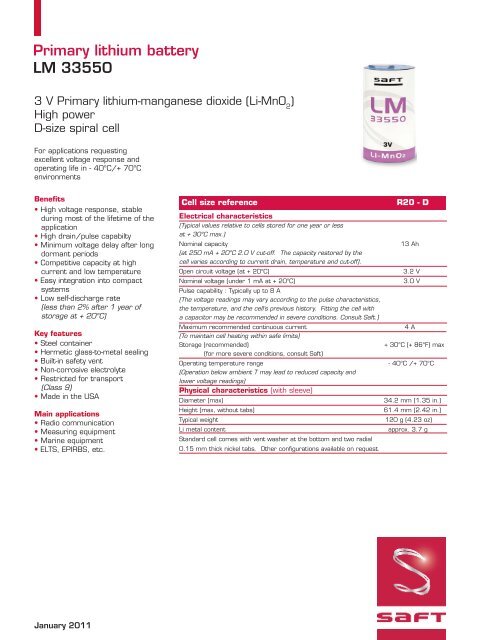 Primary lithium battery LM 33550 - Saft