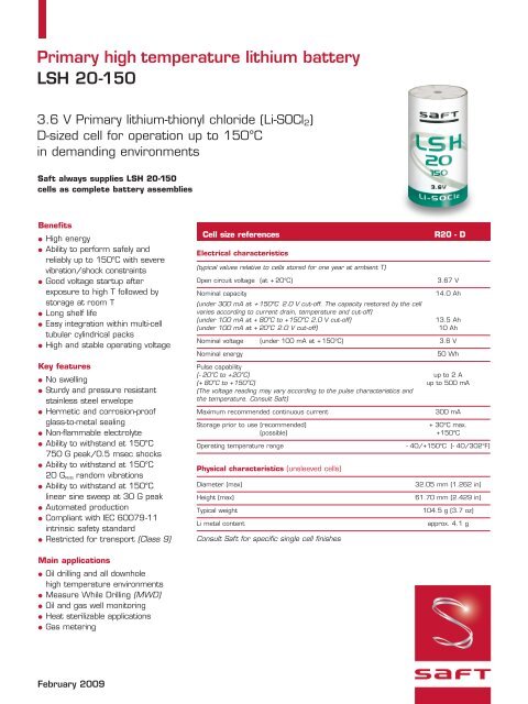 Primary high temperature lithium battery LSH 20-150 - Saft