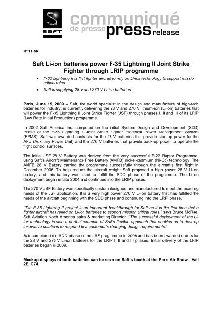 Saft Li-ion batteries power F-35 Lightning II Joint Strike Fighter ...