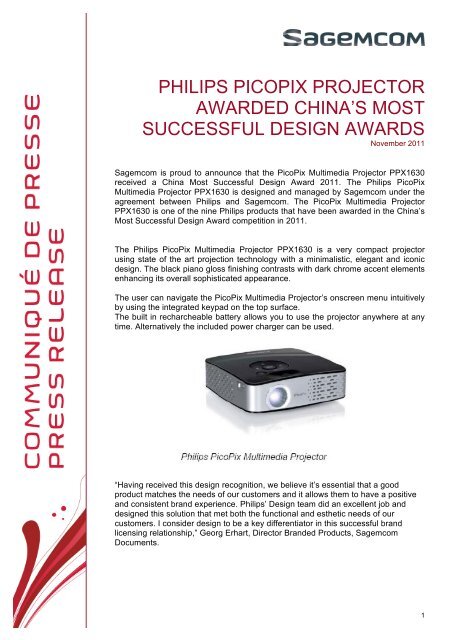 PHILIPS PICOPIX PROJECTOR AWARDED CHINA'S ... - Sagemcom