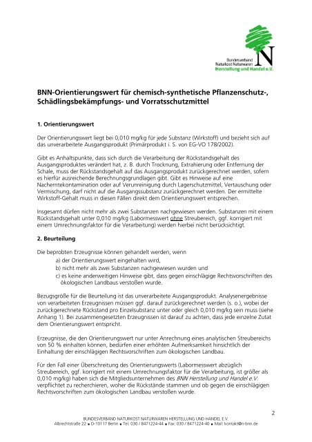 BNN-Orientierungswert für chemisch-synthetische Pflanzenschutz ...