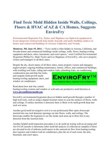 Find Toxic Mold Hidden Inside Walls, Ceilings, Floors & HVAC of AZ & CA Homes, Suggests EnviroFry