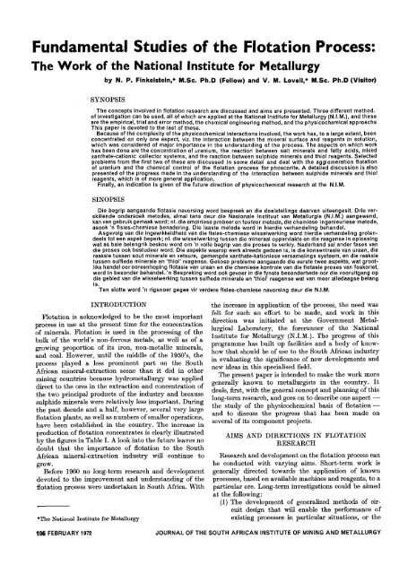 Fundamental Studies of the Flotation Process: - saimm