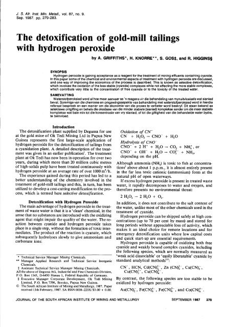 The detoxification of gold-mill tailings with hydrogen peroxide - saimm