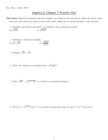 Prentice Hall Algebra 2 Chapter 7 Test Answers Form G - name class date