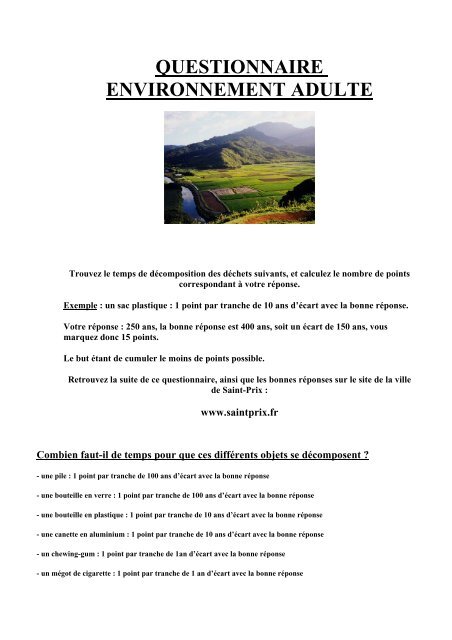 QUESTIONNAIRE ENVIRONNEMENT ADULTE - Saint-Prix
