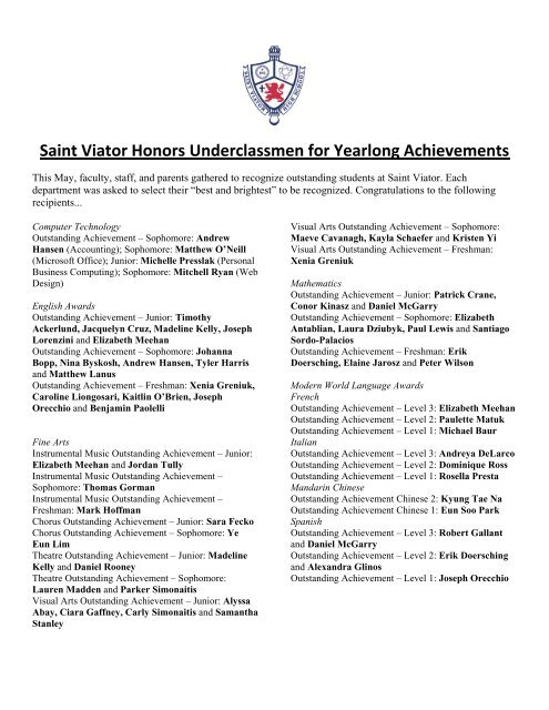 Saint Viator Honors Underclassmen for Yearlong Achievements