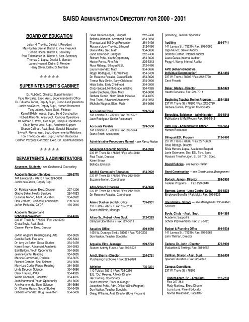 Administration Directory for 2000-2001 - San Antonio Independent ...