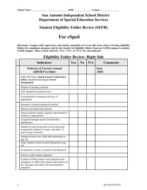 Student Eligibility Folder Review (SEFR) - San Antonio Independent ...