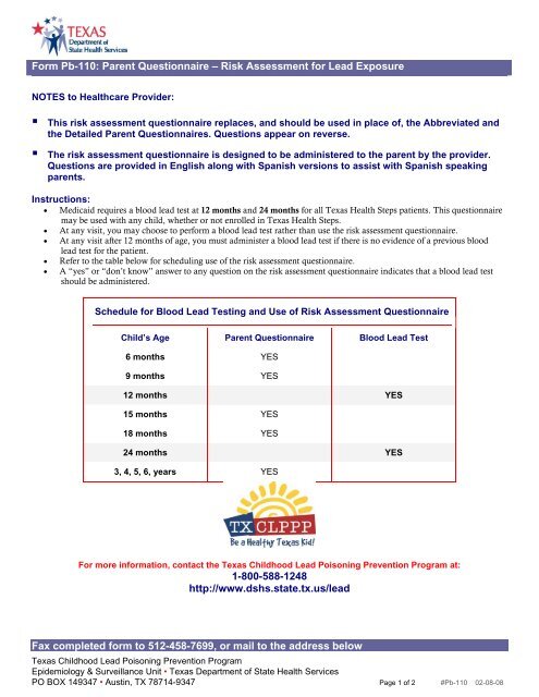 Form Pb-110: Parent Questionnaire â Risk Assessment for Lead ...