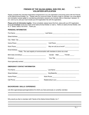 Volunteer Application - Salina Animal Shelter