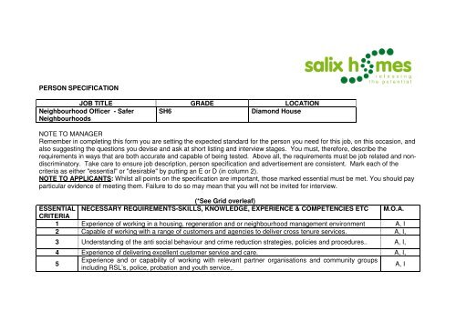 PERSON SPECIFICATION JOB TITLE GRADE ... - Salix Homes