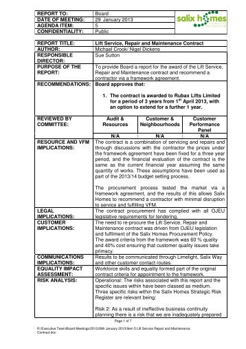 Item 5 - Lifts Service, Repair and Maintenance Contract - Salix Homes