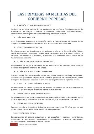 las primeras 40 medidas del gobierno popular - Salvador Allende