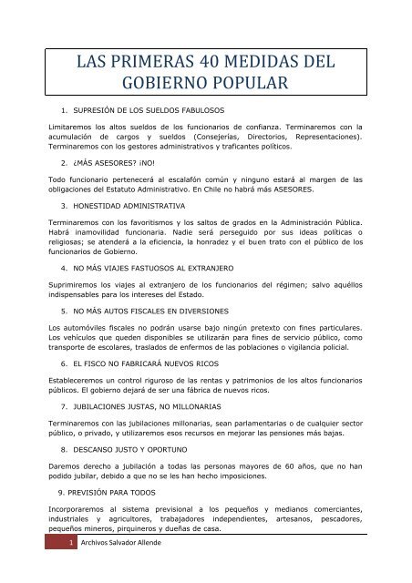 las primeras 40 medidas del gobierno popular - Salvador Allende