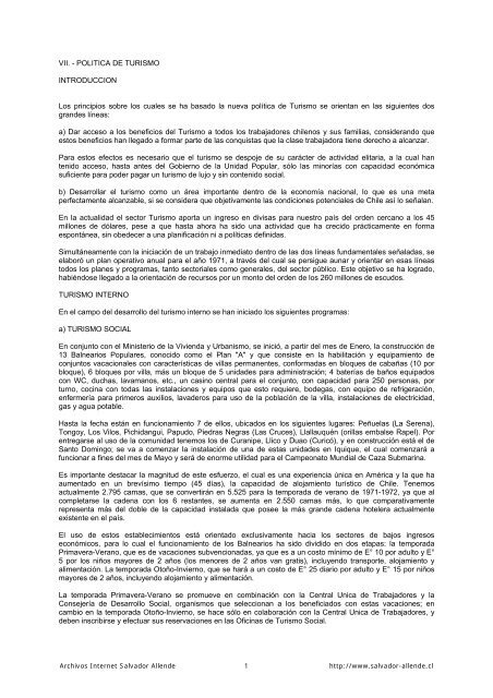 VII. - POLITICA DE TURISMO INTRODUCCION ... - Salvador Allende