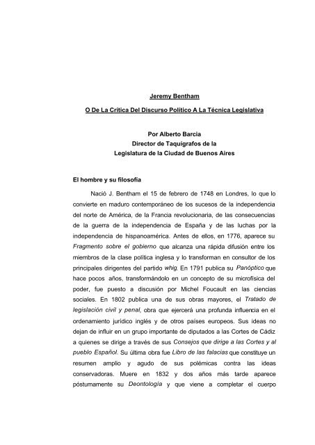 Jeremy Bentham O De La CrÃ­tica Del Discurso PolÃ­tico A La TÃ©cnica ...