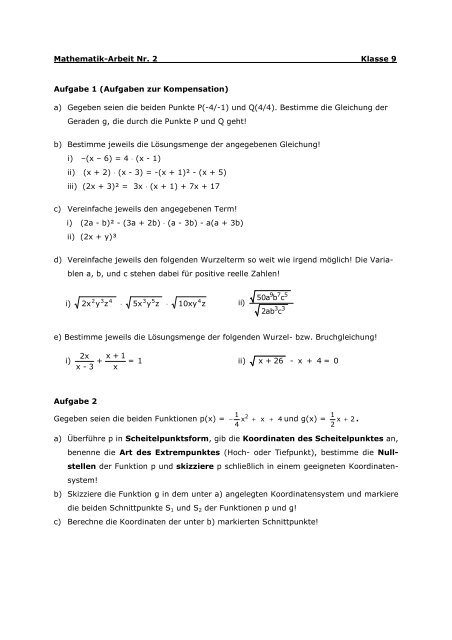 Mathematik-Arbeit Nr. 2 Klasse 9 Aufgabe 1 (Aufgaben zur ...