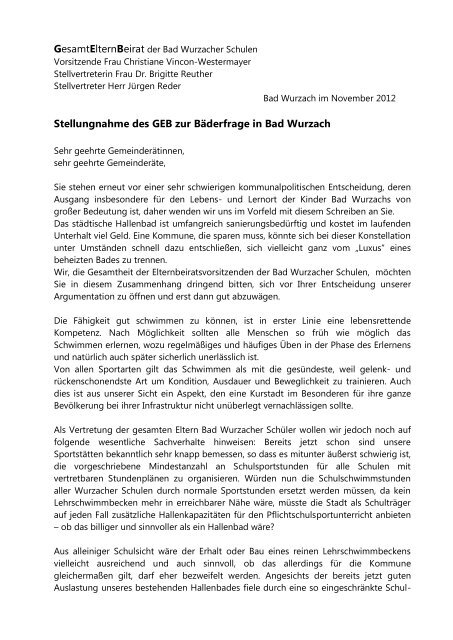 GEB Stellungnahme zur Bäderfrage in Bad ... - Salvatorkolleg