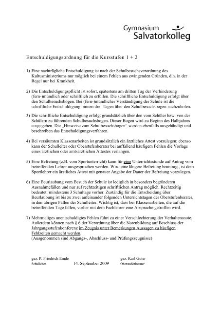 Entschuldigungspraxis Oberstufe Homepage Salvatorkolleg
